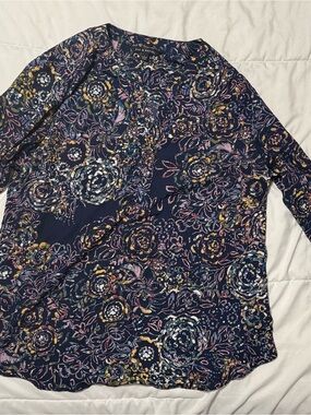 Zac & Rachel Navy Floral Long Sleeve Blouse with Multicolor Blooms